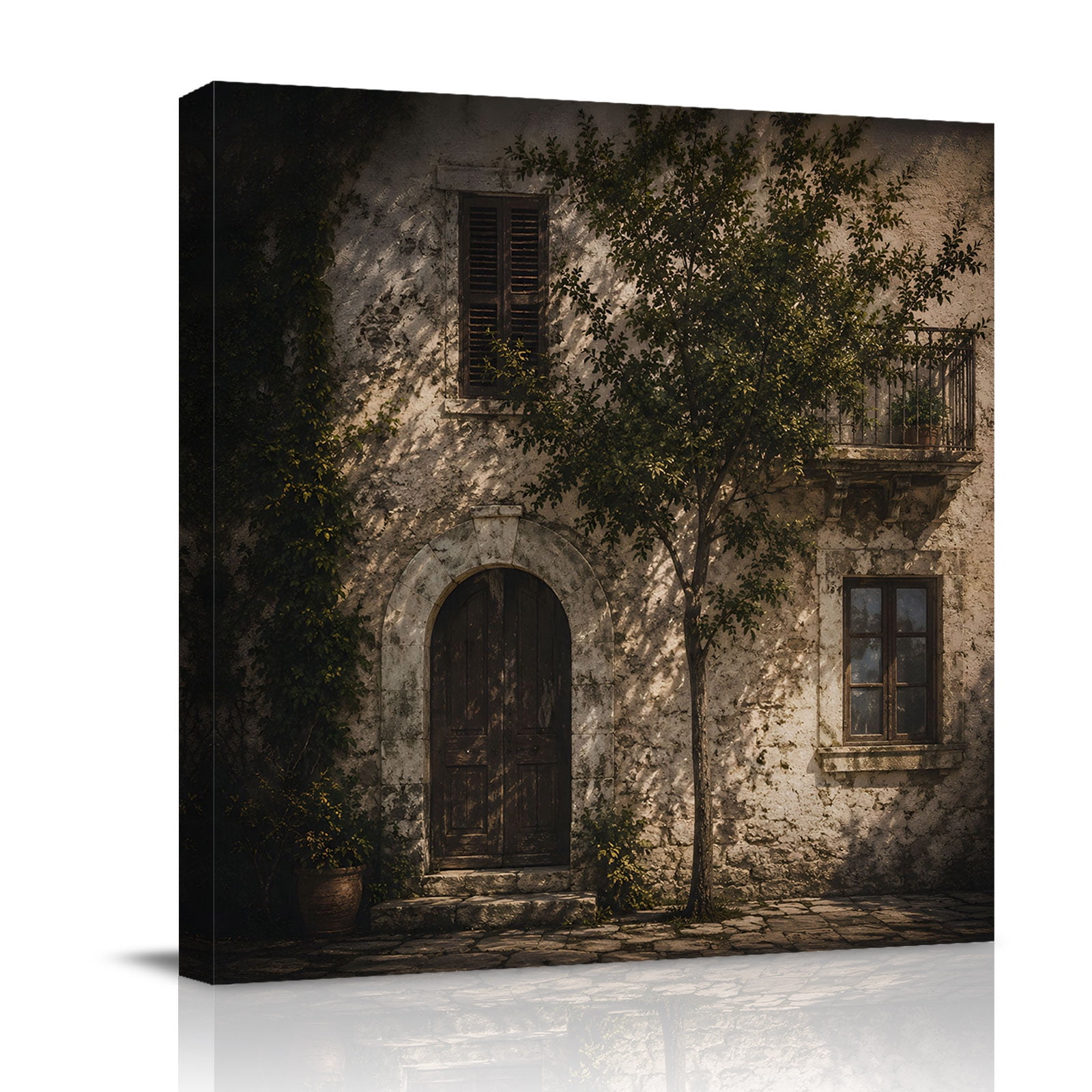 Canvas Wall Art Rustic House Framed Canvas Prints for Living Room Bathroom Country Yard Trees Vintage Pastoral Arched Door Gallery Wrapped Wall Decor for Home Office Gifts 12 x12 Ship Next Day