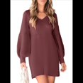 thumbnail image 3 of Vestido de Punto con Cuello en V y Mangas Abullonadas para Mujer, Informal, de Otoño e Invierno, de Larga. Rojo Ladrillo S, 3 of 10