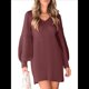 thumbnail image 3 of Vestido de Punto con Cuello en V y Mangas Abullonadas para Mujer, Informal, de Otoño e Invierno, de Larga. Rojo Ladrillo L, 3 of 10