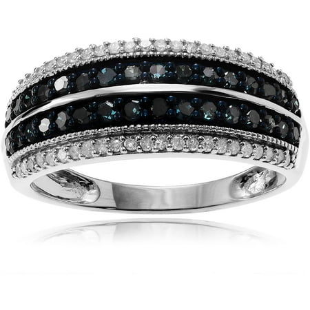 Brinley Co. Women's 7/8 Carat T.W. Blue and White Diamond Sterling Silver Striped Fashion Ring