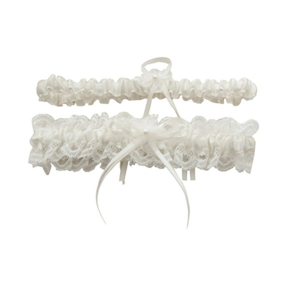 Huhudde 2Pieces Elastic Wedding Garters Set Ruffle Lace Design with Pearls Flower and Bows for Bride Bridal Shower Accessories