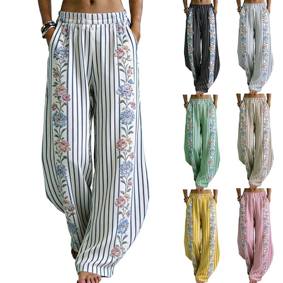 XUNKUSGA Pants for Women Fashion Boho Floral Striped Curved Hem Pants Lightweight Elastic Waist Womens Trousers Loose Casual Comfortable Beach Pants,S,Blue
