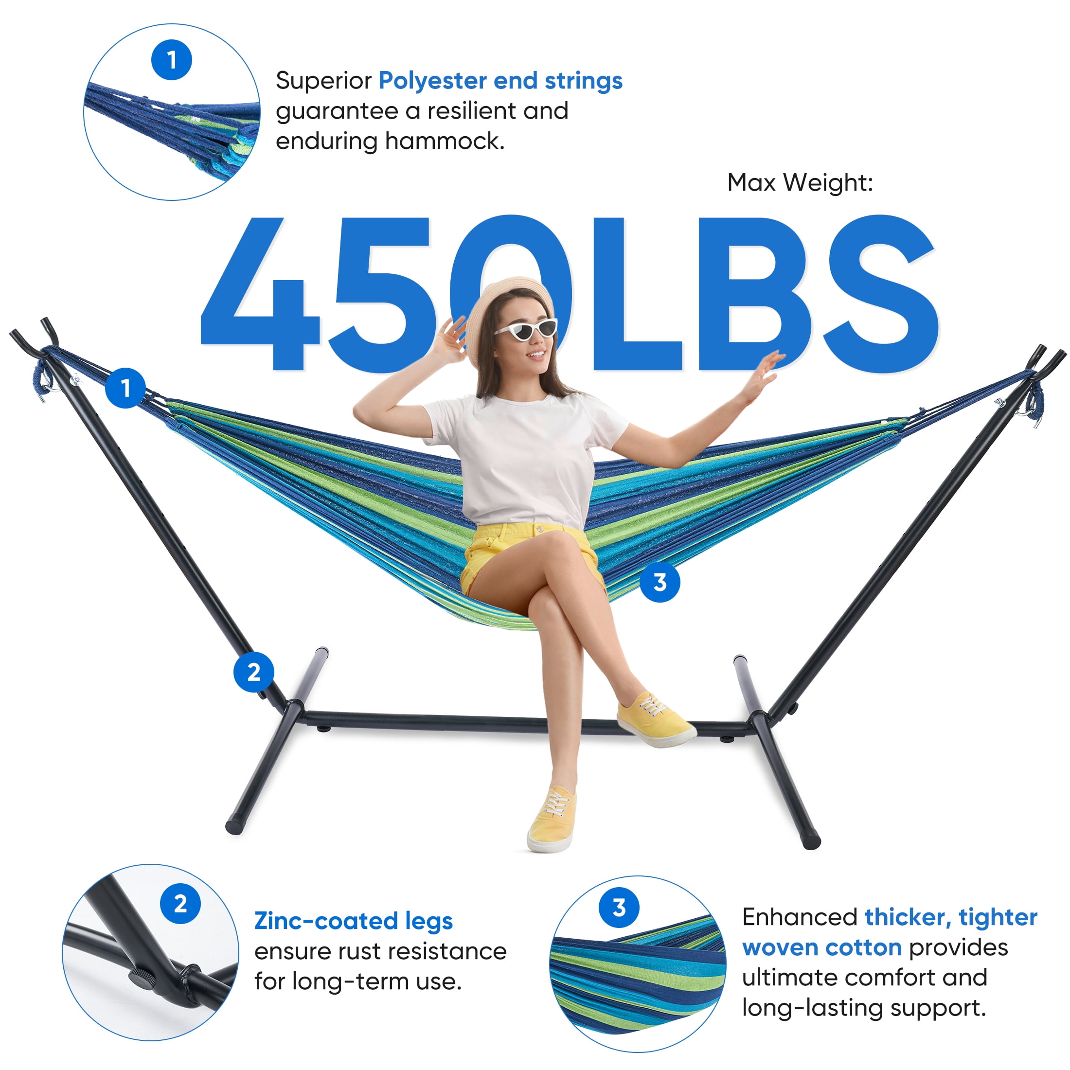 EDX Double Hammock with Space Saving Steel Stand, 2 Person Heavy Duty Outdoor 450lb Capacity Standing Hammocks, Upgraded Polyester End Strings, Portable Carrying Bag Included, Blue Green Stripes