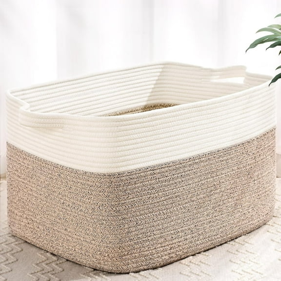 Natubeau Woven Storage Baskets, 60L Large Rectangle Woven Laundry Hampers with Handle, Cotton Rope Blanket Basket for Living Room, Nursery Room, White & Brown