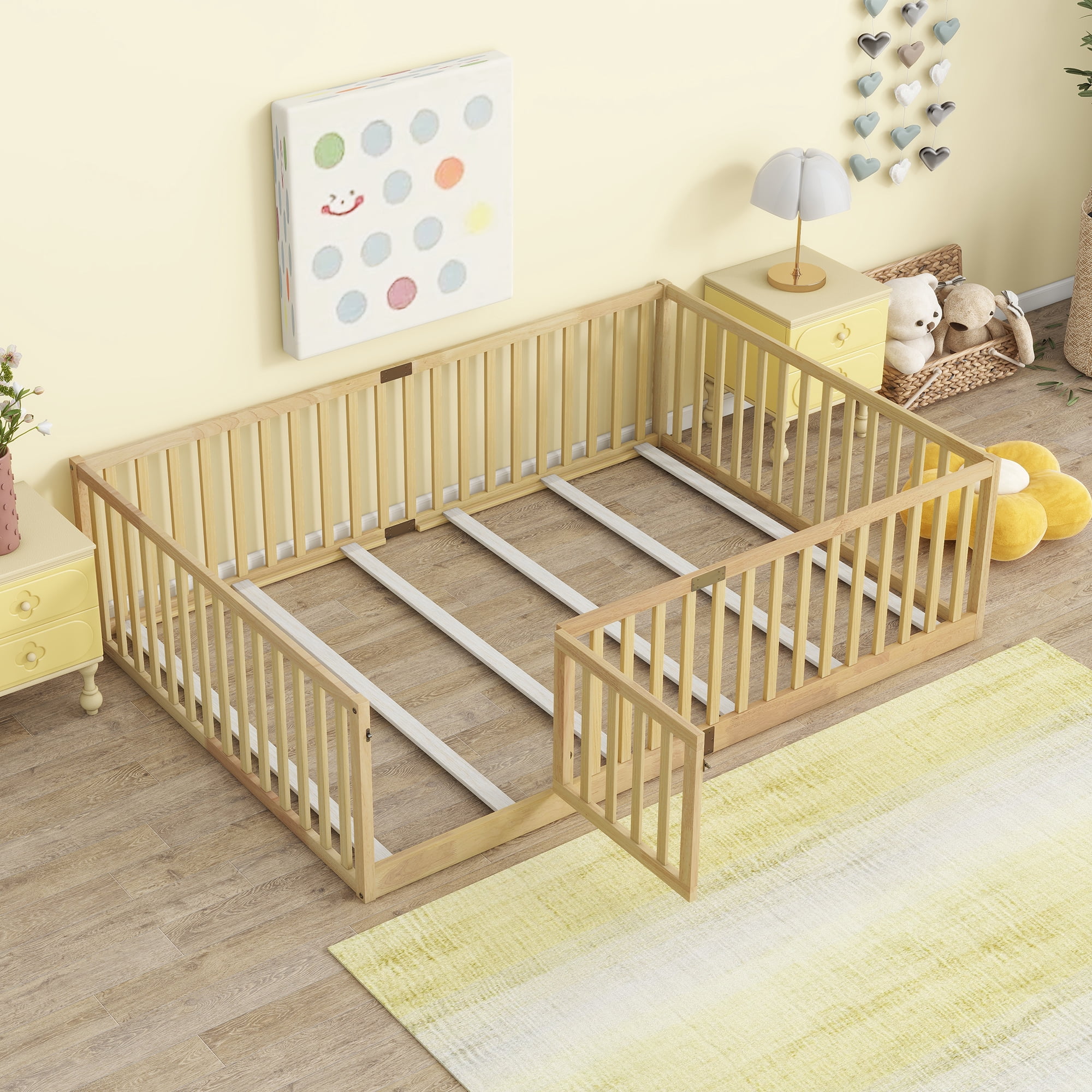 Holaki Wood Full Size Floor Bed with High Fence Railings for Kids, Oak