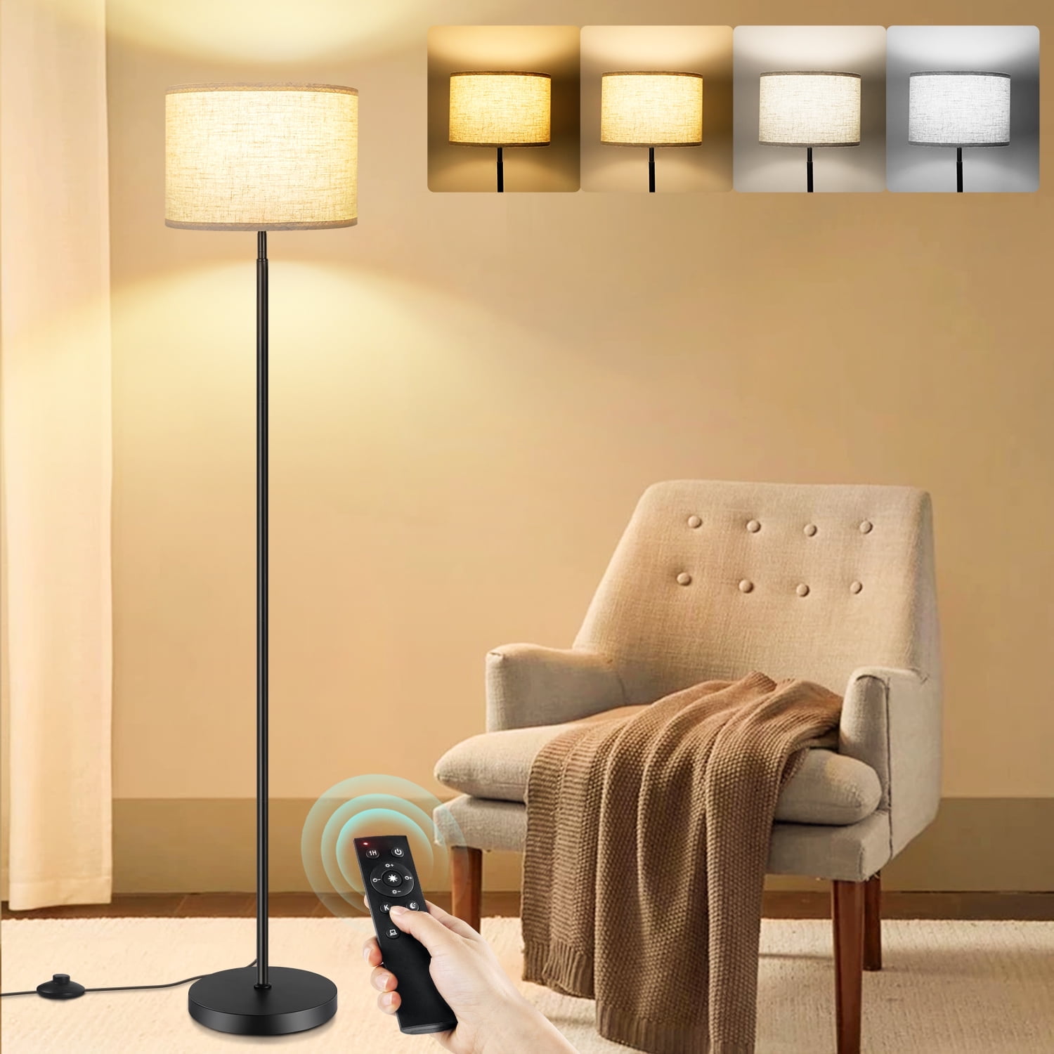 OUTON Modern Floor Lamps for Living Room, 63" Standing Lamp with Linen Shade, Tall Pole Lamps for Bedroom, Office,Black,Bulb Included