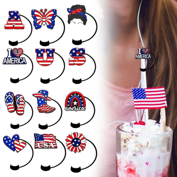 12Pcs 4th of July Straw Cover Cap for Cup, Tumbler, Reusable Cute Drinking Straw Topper Accessories, Portable Protector Plugs Decorations Gifts for Independence Day Memorial Day Party Favors