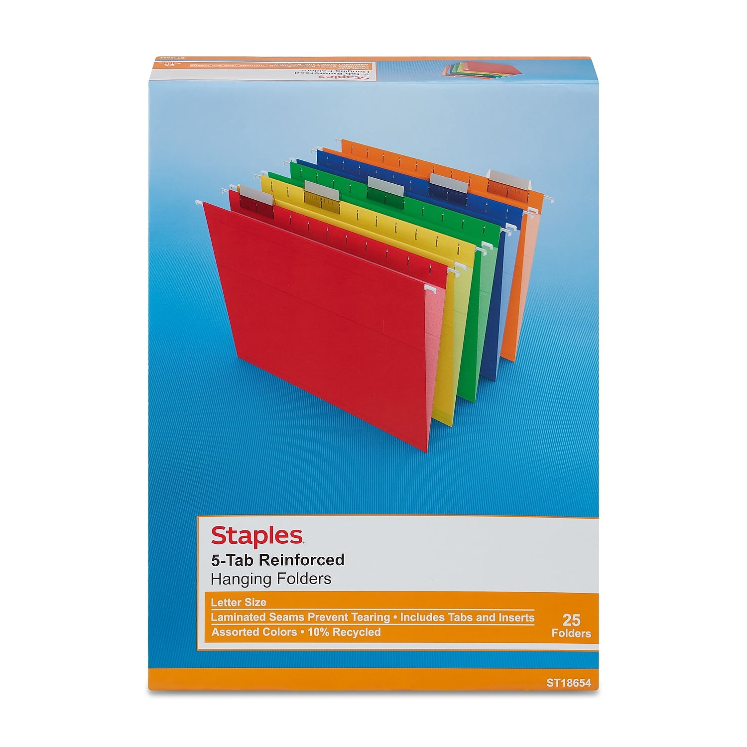 Staples Reinforced Hanging File Folders 5-Tab Letter Size Asst. Colors 25/BX 813110