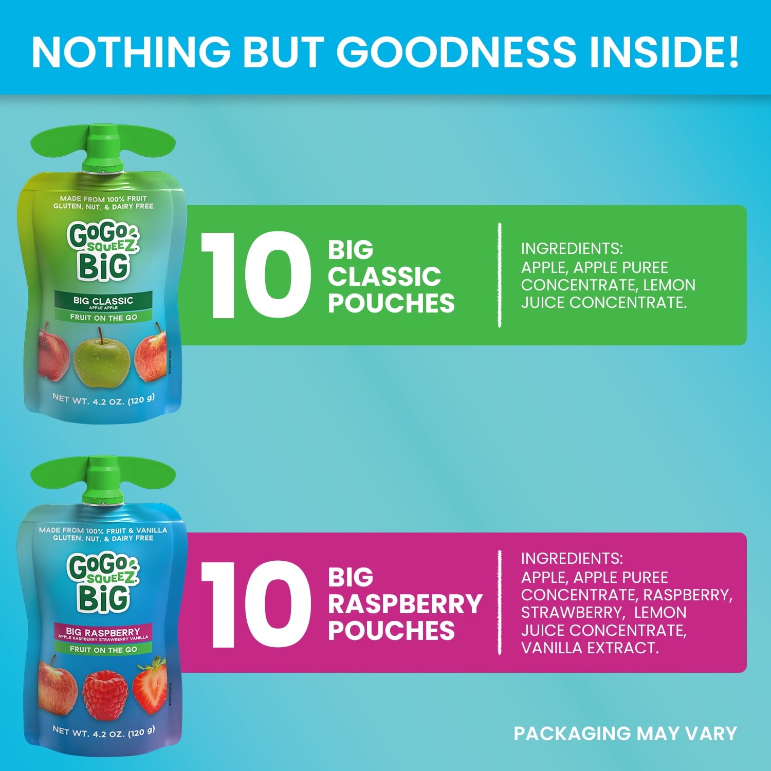 GoGo squeeZ BIG Applesauce and Fruit Puree with Vanilla Variety Pack, BIG Classic Apple and BIG Raspberry, 4.2 oz, 20 Pack