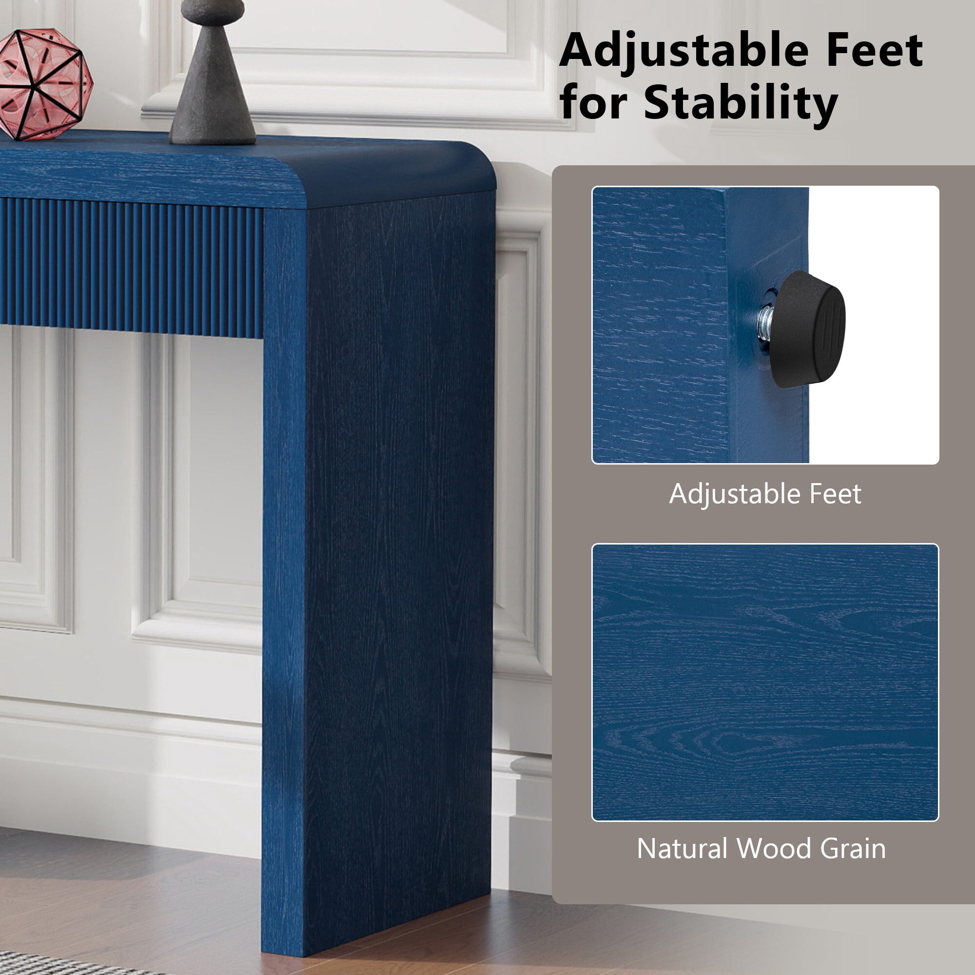 Euroco 52.9" Fluted Console Table with 3 Drawers,Solid Wood Narrow Long Entryway Table for Living Room Foyer Hallway,Navy
