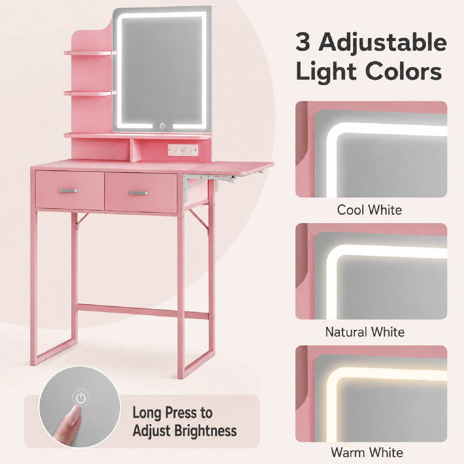 Vanity Desk with Lighted Mirror and Fold-Up Panel, Makeup Table with Fabric Storage Drawers, 3-Tier Shelves, Power Outlet and USB Ports, Cushioned Stool