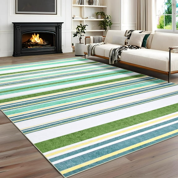 Wellber Soft Rugs Vintage Striped Area Rug Accent Carpet for Bedroom Living Room Home Decor,4'x6',Green