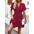 thumbnail image 6 of Womens Sexy Deep V Neck Short Sleeve Tie Waist Ruffle Hem Flowy Swing Mini Short Wrap Dress, 6 of 6