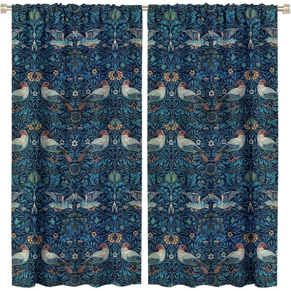 William Morris Design Window Curtains,Vintage Art Blue Floral Print Style Blackout Rod Pocket Window Drapes 2 Panel Set for Living Room Bedroom Kitchen Bathroom Decor W63xL63in
