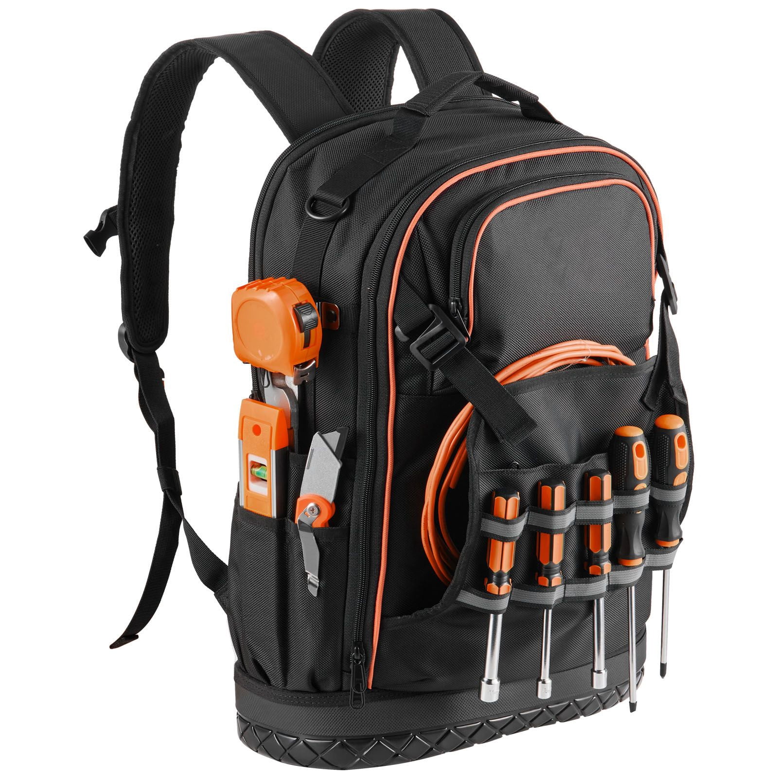 Tool Backpack 65 Pockets, 70 lbs Capacity, 1680D Oxford Fabric, Laptop Compartment, Molded Base, for Electrician Plumber HVAC