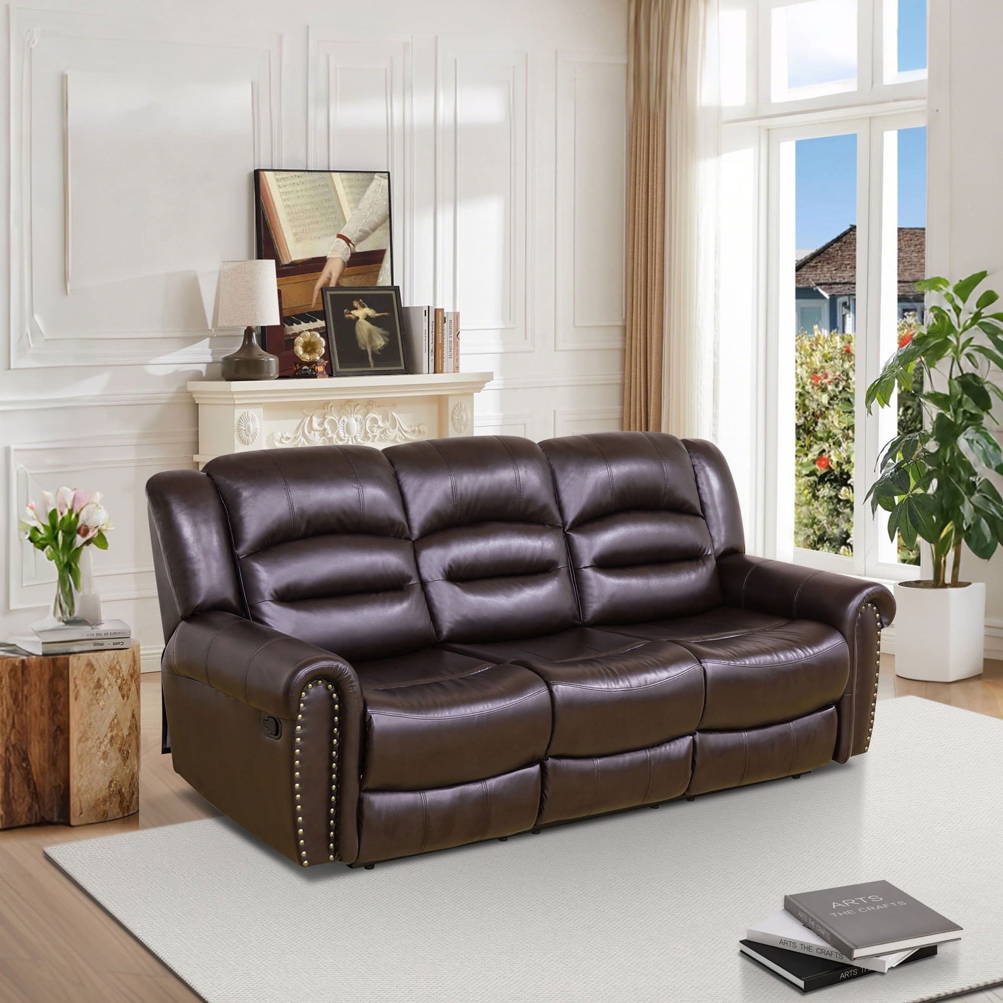 MAYEERTY 3-Seater Recliner Sofa, Breathable Leather Sofa with Reversible Coffee Table for Family Living Room & Home Theater Spaces