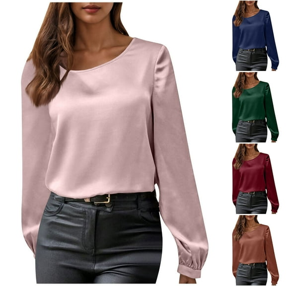 Olyvenn 2025 Fall Women Tops Puff Long Sleeve Chiffon Work Blouses Dressy Casual Crewneck Flowy Shirts Tees Tunics Blue S