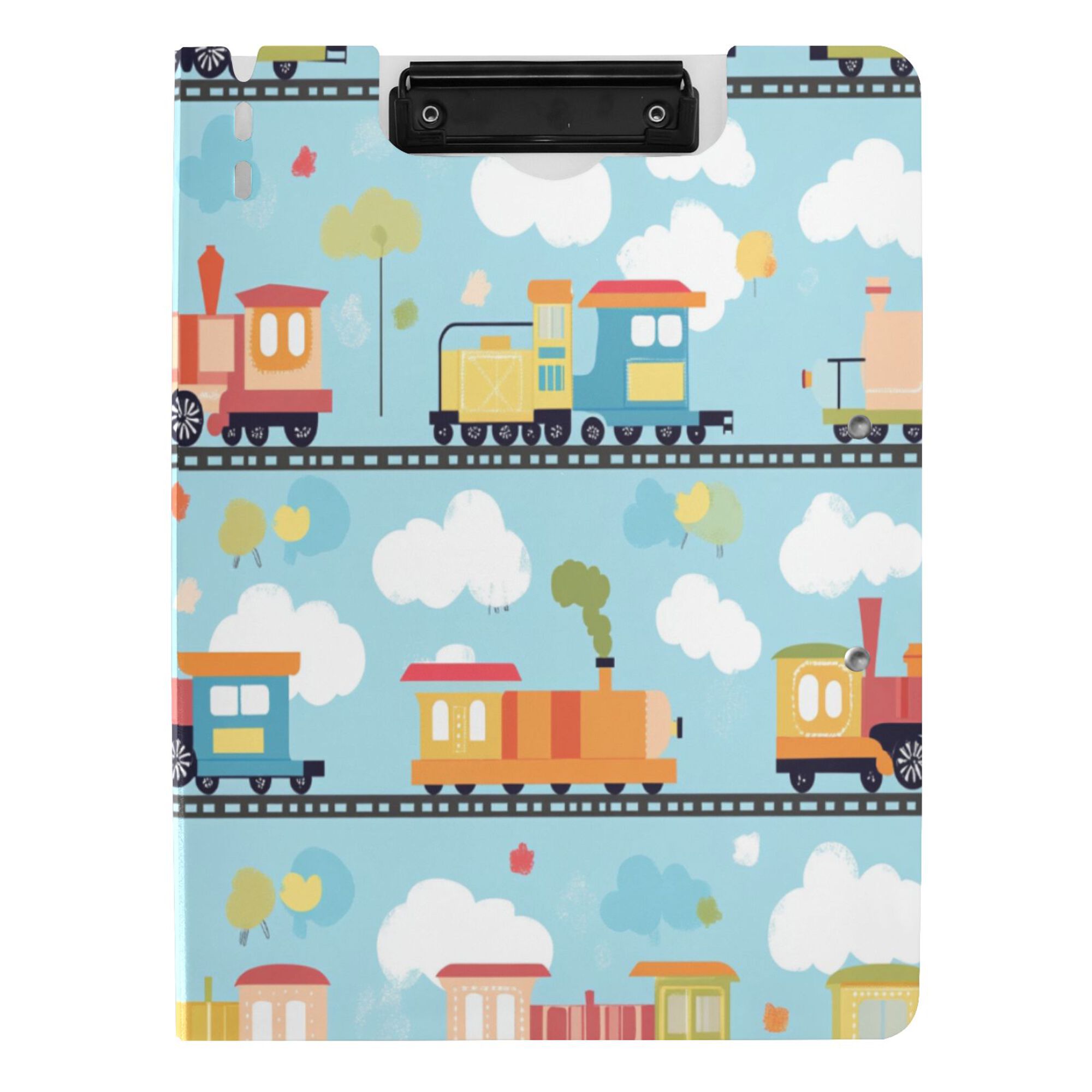 FORMRS A4 Clipboard Folder with Pen Holder Horizontal Foldable School Office Binder, Cartoon Train Pattern