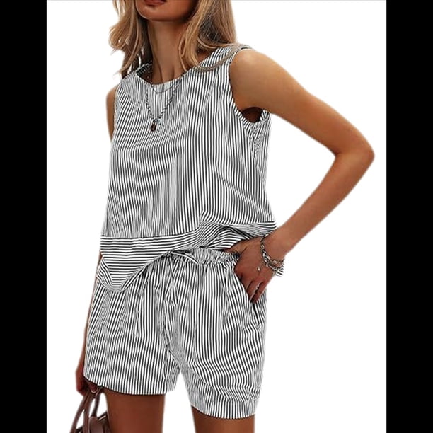 Conjuntos de Dos Piezas de Verano para Mujer: Camiseta Sin Mangas y Pantalones Cortos A Juego, Chándal de Algodón A Rayas, Rayas Negras, Talla L