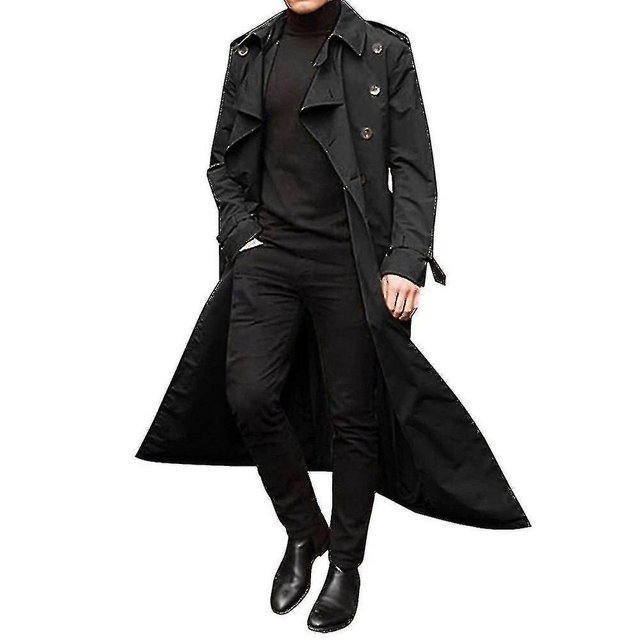 Hombres Trench Coat Doble botonadura Solapa Cortavientos Hombre Chaqueta larga Prendas de abrigo ABlackS