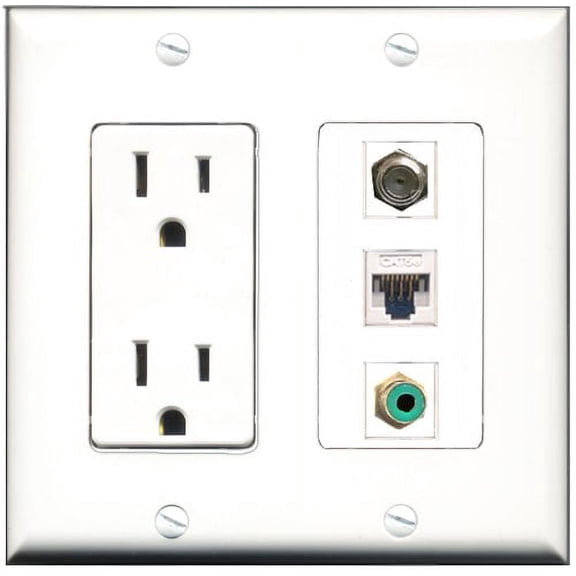 RiteAV - 15 Amp Power Outlet 1 Port RCA Green 1 Port Coax 1 Port Cat5e Ethernet White Decorative Wall Plate