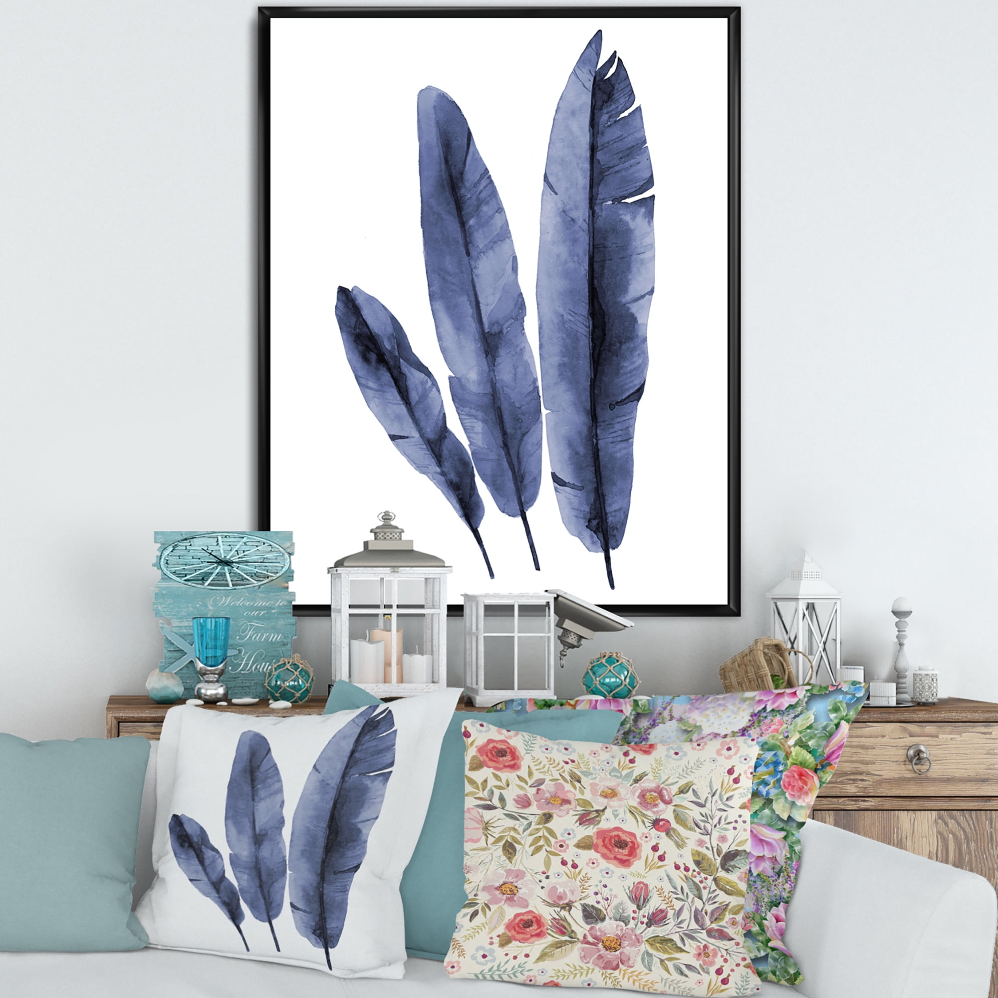 Designart 'Navy Blue Tropical Banana Leaves On White' Tropical Framed Canvas Wall Art Print