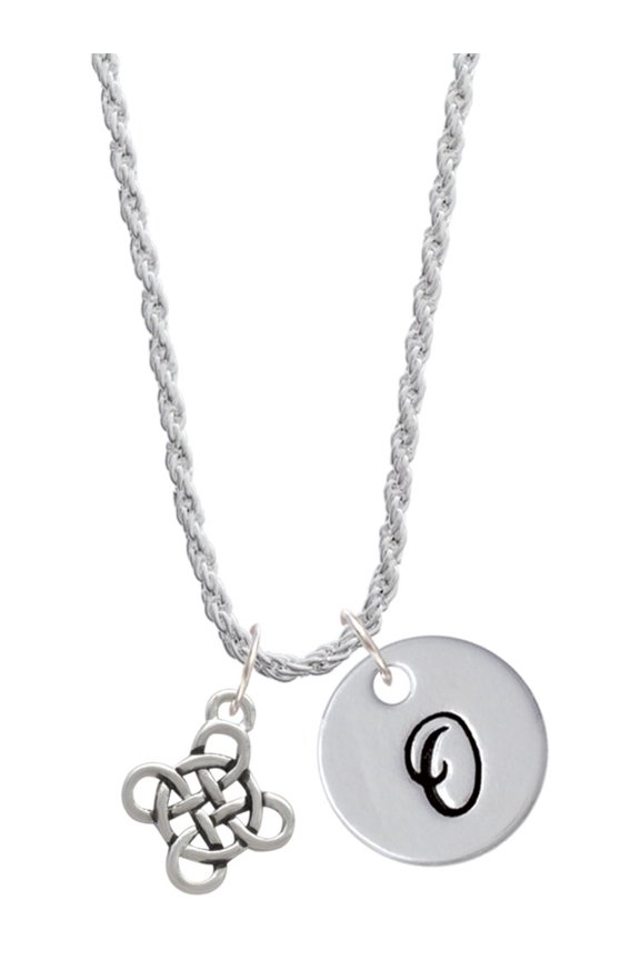 Silvertone Celtic Knot Cross Silvertone Script Initial Disc - O - Charm Necklace, 20"+3"