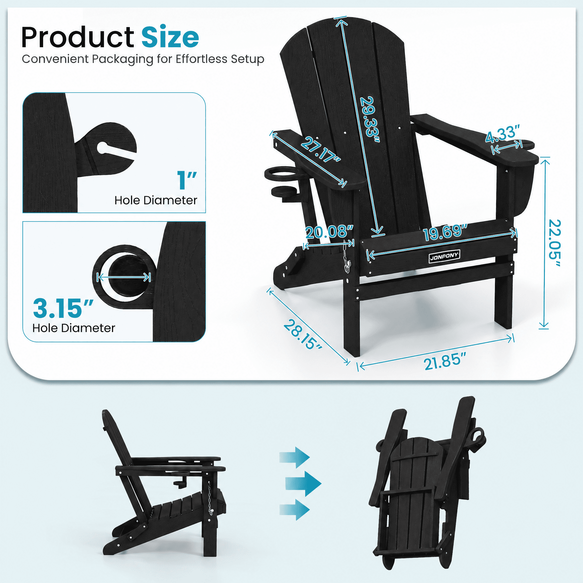JONPONY Folding Adirondack Chair - HDPE All-Weather Outdoor Chairs, Patio Chairs Outdoor Wood Like Adirondack Chair for Backyard, Camping, Pool & Fire Pit,Black