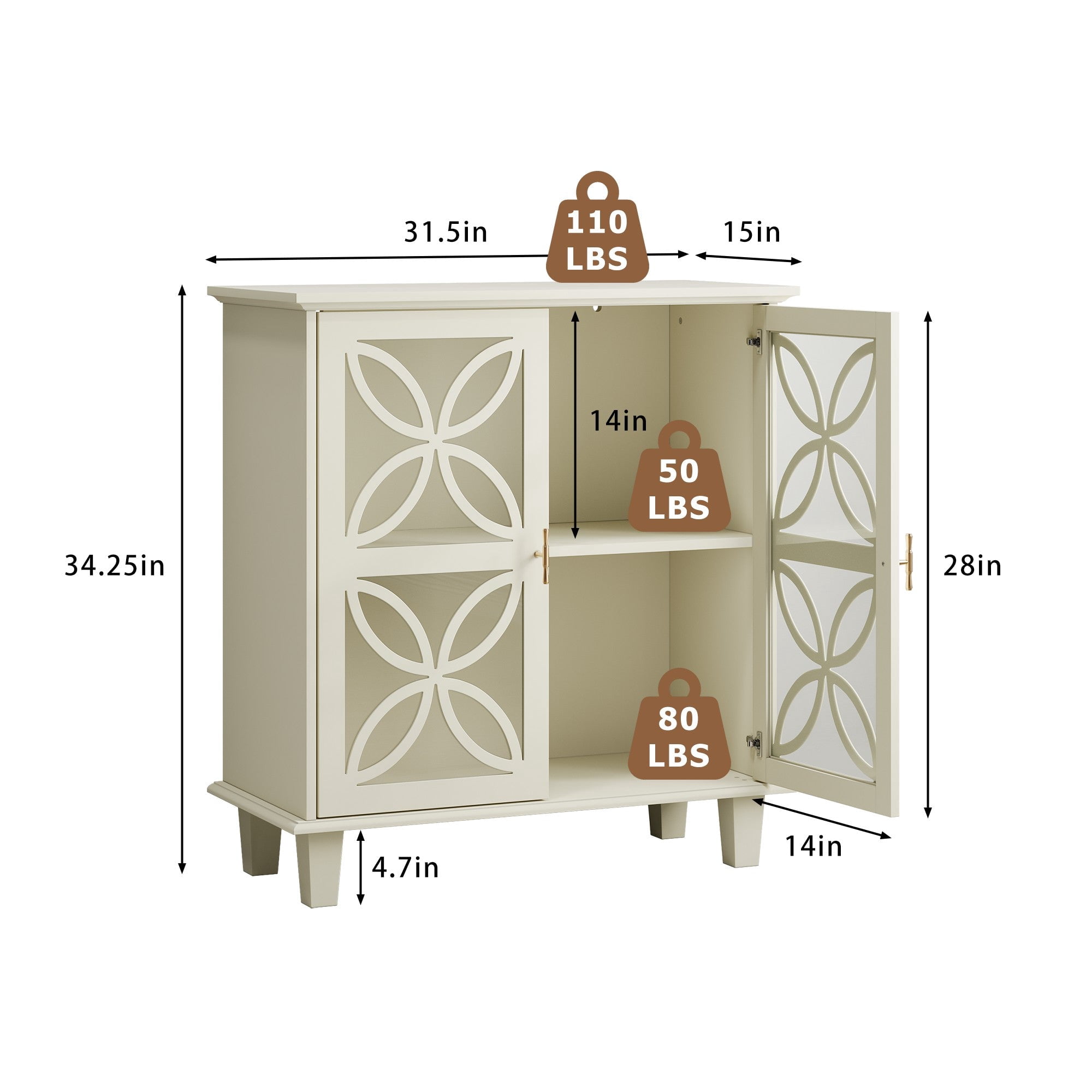 Sailvan Sideboard Buffet Storage Cabinet, Freestanding Bathroom Cabinet with Tempered Glass Doors
