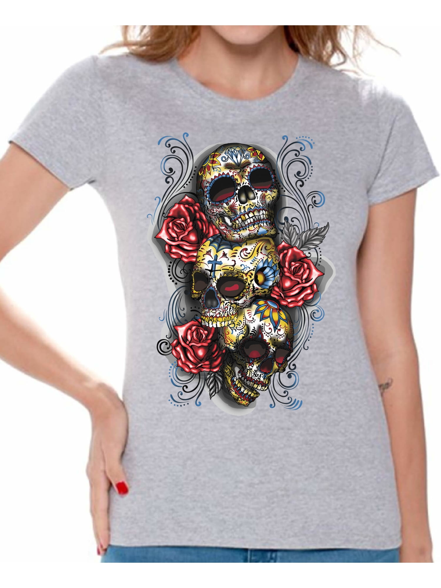 Skull and Flowers Peach Short-Sleeve Unisex T-Shirt Flower Art T-shirt Graphic top Flower Crown Bones Gifts for Women Day of the Dead
