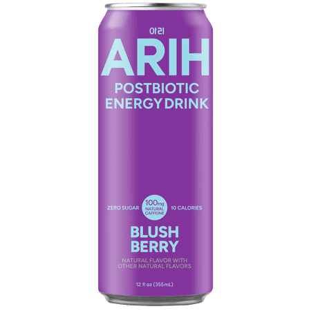 ARIH Postbiotic Energy Drink, Zero Sugar Clean Energy Drink with 100mg Natural Caffeine, Zero Sugar, Blush Berry, 12 fl oz