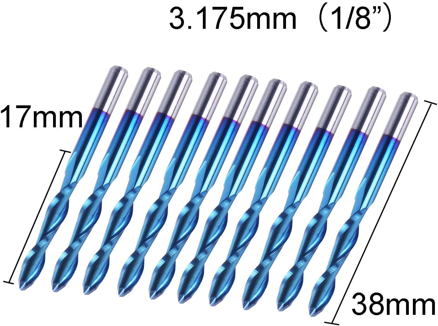 SainSmart Genmitsu 10Pcs Nano Blue Coat Flat Nose End Mill CNC Router Bits, 1/8 Shank Spiral Upcut Single 1 Flute End Mill Set (3.175 X 17 X 38mm)