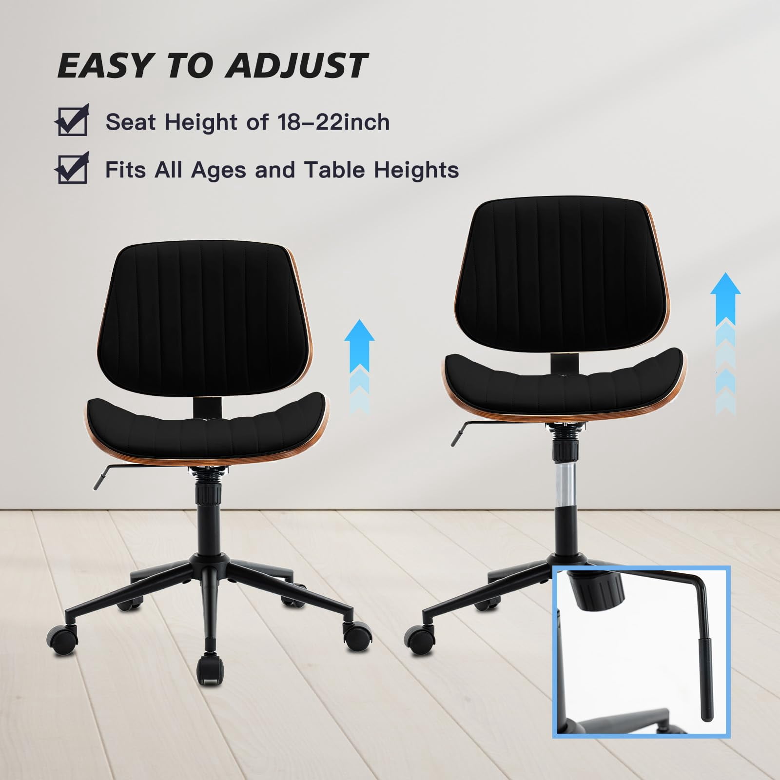Rongbuk Home Office Chair, PU Leather Comfy Office Desk Chair with Wheels, Adjustable 360° Swivel Ergonomic Computer Chair, Armless Modern Vanity Chair Walnut Chair for Home Office, Black