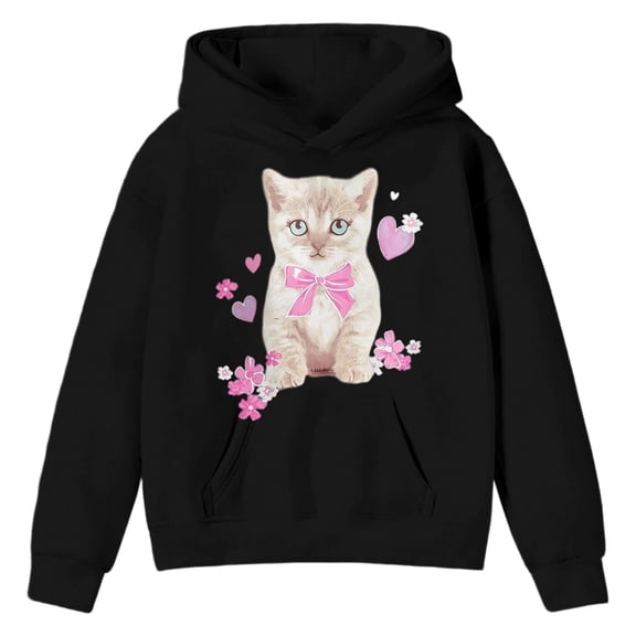 DHFJKG Kids Girls Hoodies Oversized Sweatshirts Cute Cat Printed Long Sleeve Hooded Pullover For Youth Toddler 2-13 Years Soft Stylish Tops