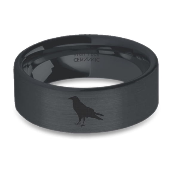 Raven Magpie Crow Engraved Black on Black Brushed Ceramic Ring, 8mm, Size 15