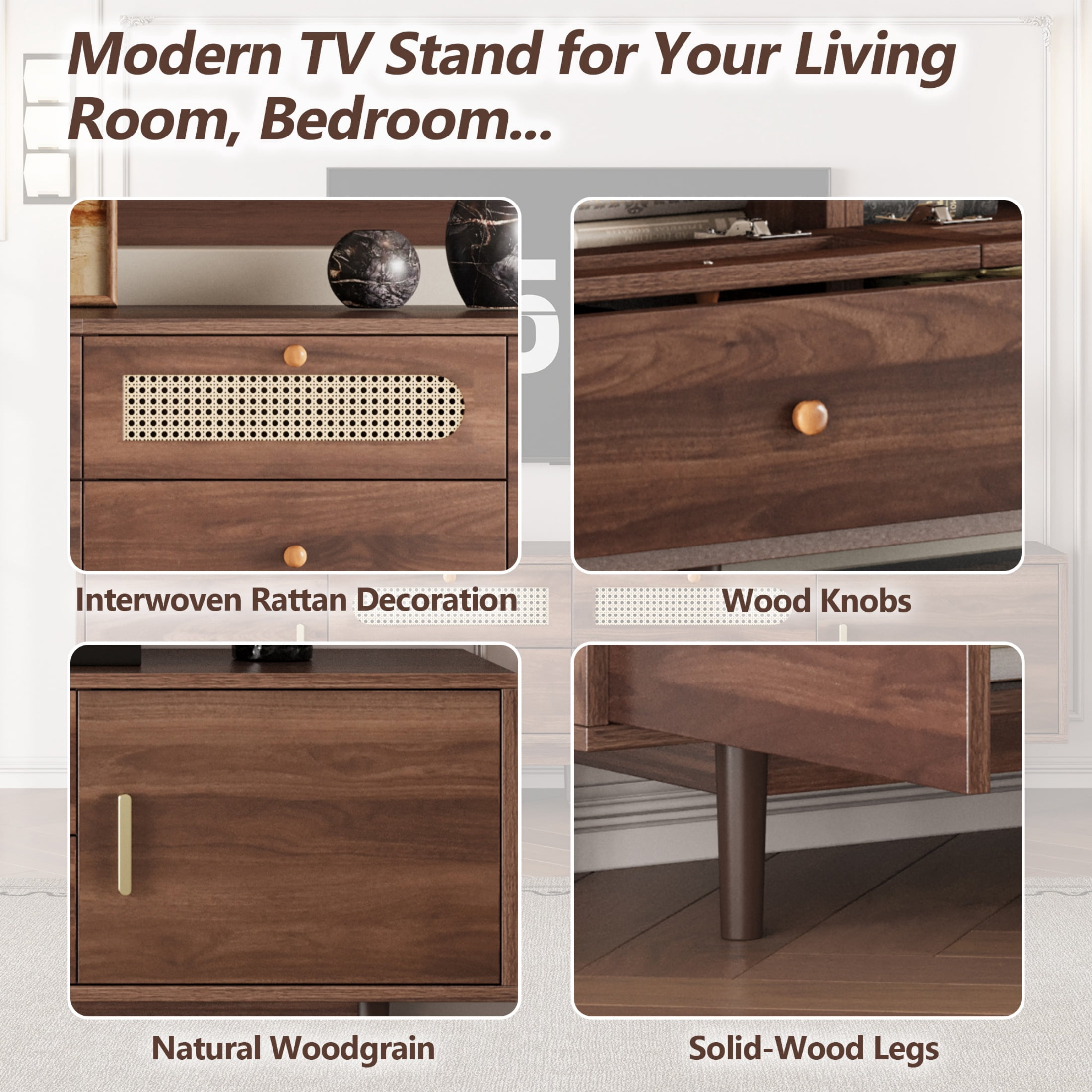 Atumcto 76" Modern Wood TV Stand for 85 Inch TVs, Mid-Century Entertainment Center with Rattan Accent Doors and Storage Cabinets for Living Room or Bedroom