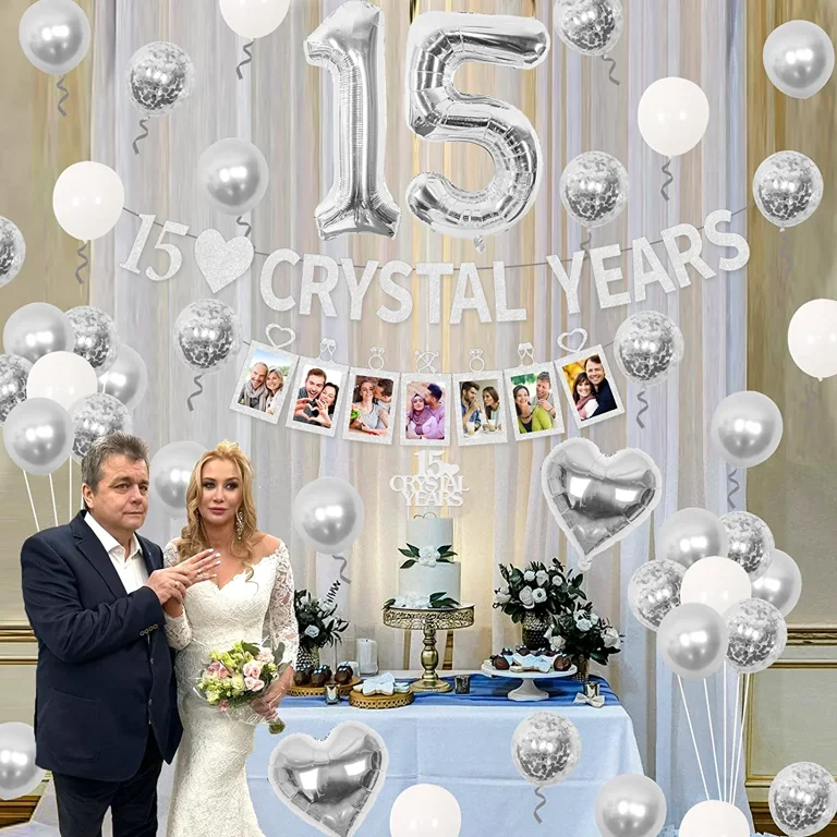 Happy 15th Wedding Anniversary Decorations, Silver 15 Crystal ...
