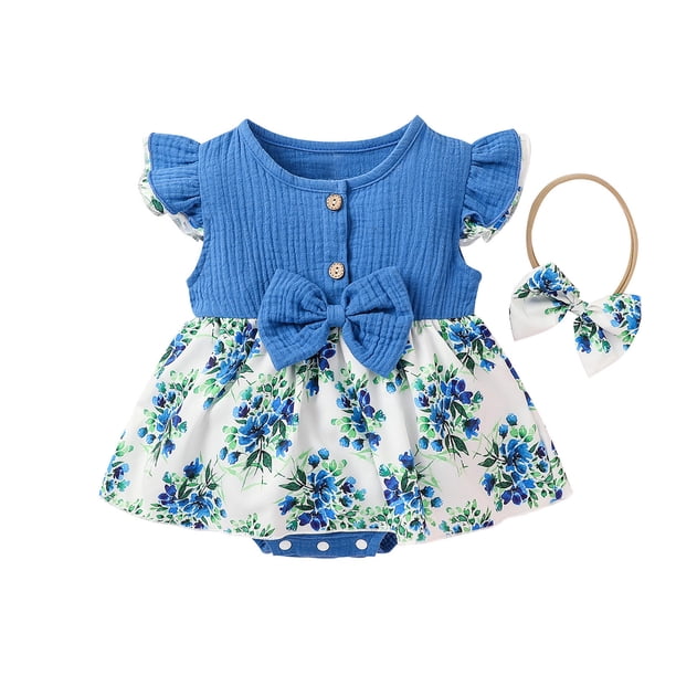 Gibobby Mameluco polar Vestido de bebé Floral de algodón y lino para niñas, mono de verano, mono con para niñas pequeñas y mono(Azul, 0-6 Meses)