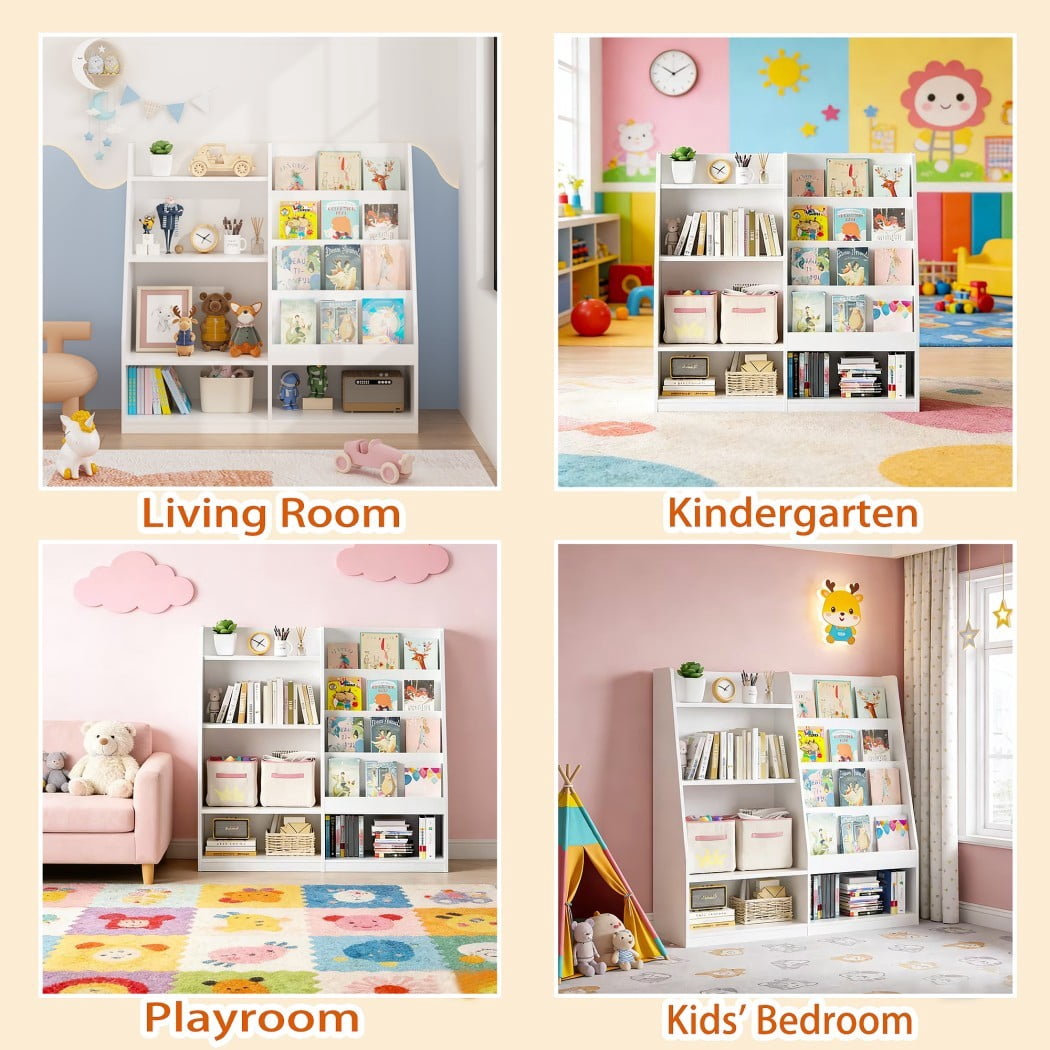 4-Tier Kids Bookshelf and Toy Storage Organizer, Wooden Children's Bookcase with 2 Shelves & Toy Bin, Book Display Stand for Kids Room, Playroom & Nursery, White