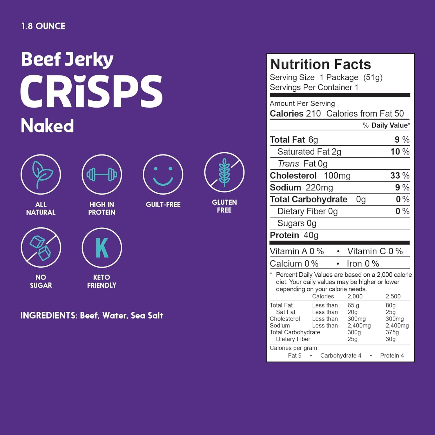 People's Choice Beef Jerky - Naked Jerky Crisps -  40g of Protein - 1.8 OZ (4 Pack)