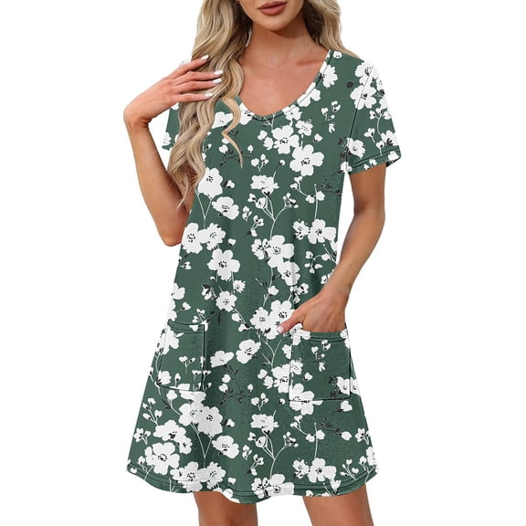 Blmnix Dresses for Women 2026 Floral Dress Popover Boho Dresses Dresses Green Short Sleeve Mini Crew Neck with Pockets Womens Dresses Spring,XXL