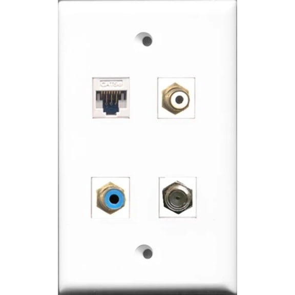RiteAV 1 Port RCA White and 1 Port RCA Blue and 1 Port Coax Cable TV- F-Type and 1 Port Cat5e Ethernet White Wall Plate