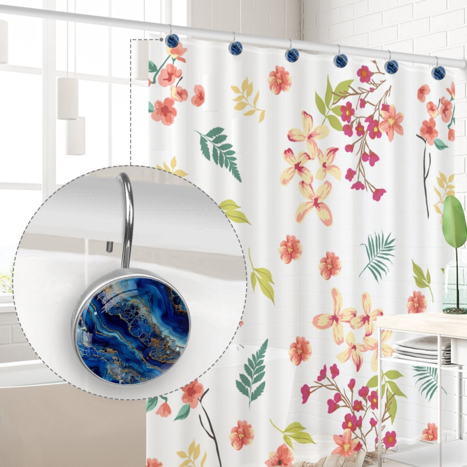 HemaKayy 12 Pcs Decorative Marble Shower Curtain Hooks - Elevate Your Home Decor - Rust-Proof Stainless Steel Rings for Bathroom, Bedroom, Kitchen - Easy to Install & Durable - Blue Gold Liquid