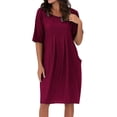 thumbnail image 1 of B91xZ Robes Printemps Été Femmes Manches Courtes Col Rond Robe Tunique Plissée Longueur Genou, Rouge G, 1 of 5