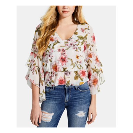 GUESS Womens White Floral Bell Sleeve V Neck Blouse M