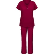 Snorda Scrubs Women Scrub Sets V-neck Working Uniform Red Pockets Blouse Tops Pants