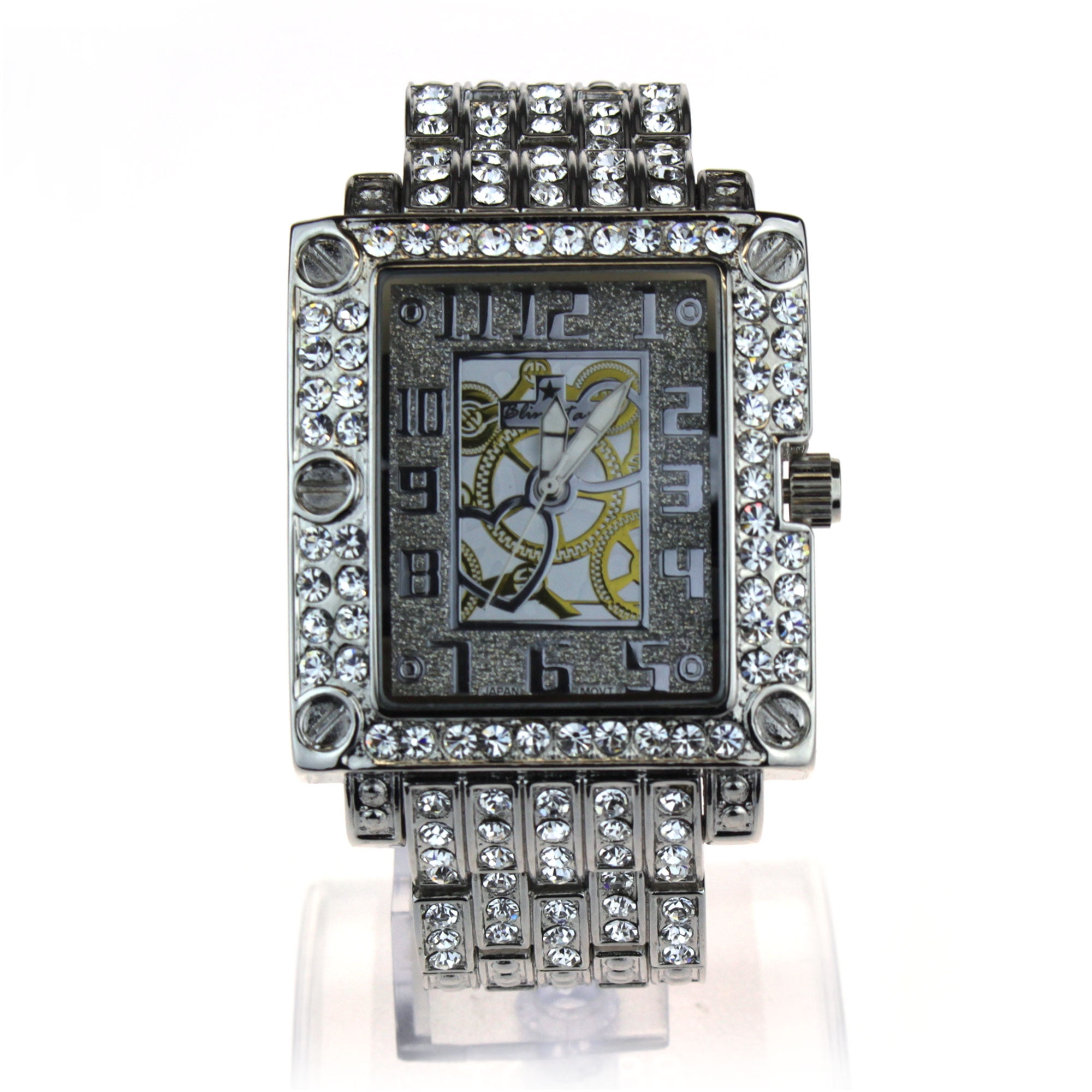 Womens Rectangle Iced Out Bling Luxury Silver Analog Metal Wrist Watch