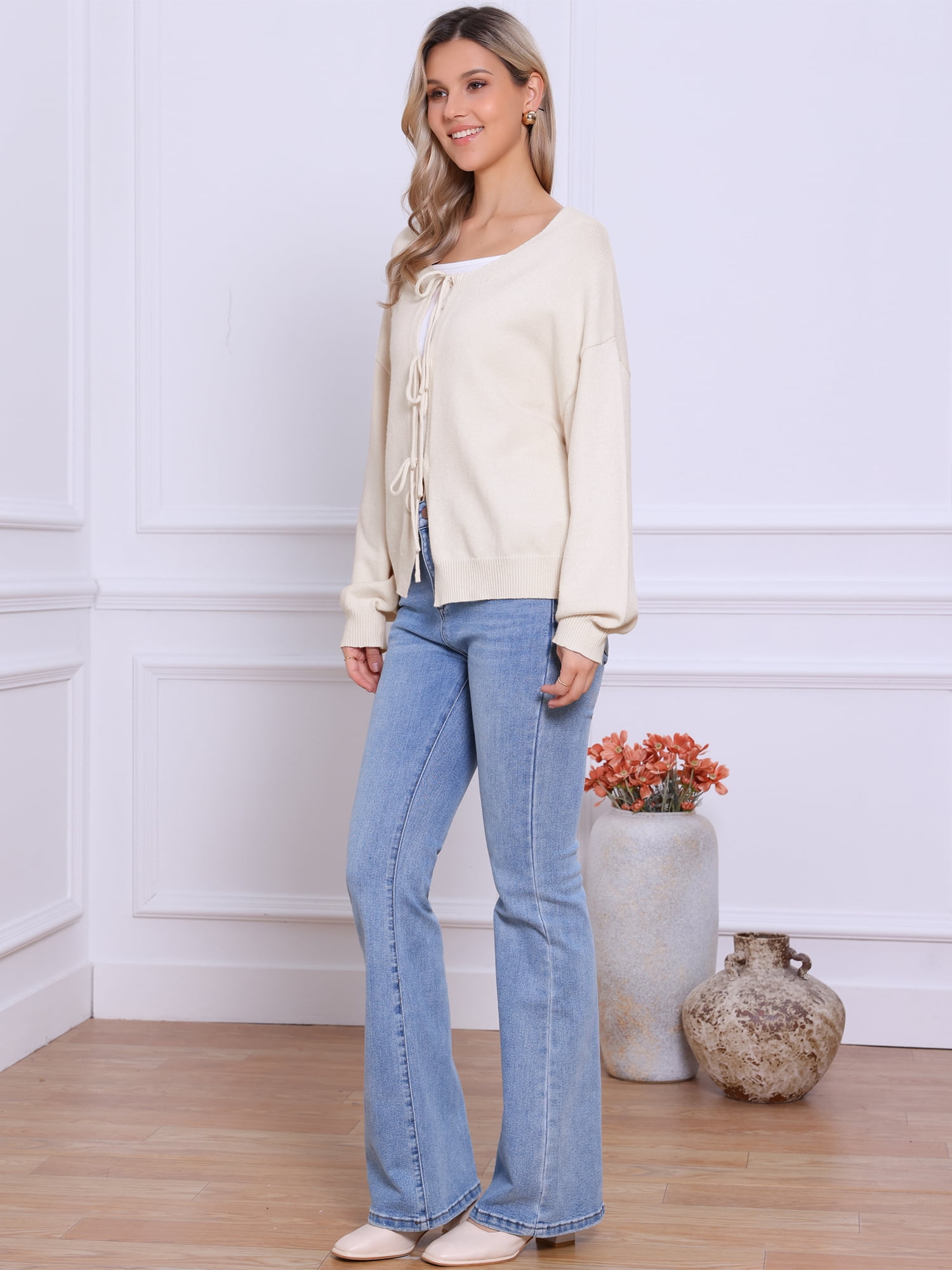 DARING DIVA Women's Long Sleeve Cute Knit Tie Front Cardigan Sweaters XL Beige
