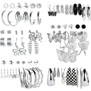 POFO 37 Pairs Silver Hoop Earrings Set For Women Multipack Fashion Drop Dangle Earring Packs Pearl Studs Butterfly Earrings Hypoallergenic Chunky Hoops Jewelry For Valentine'S Day Gifts[H1461]