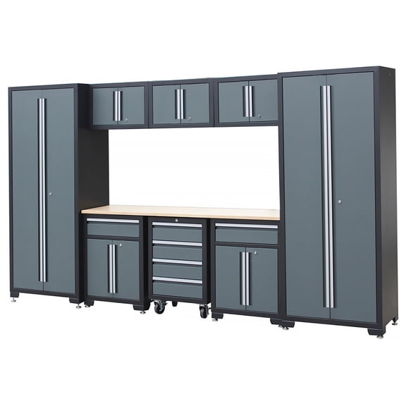 HPDMC 9-Piece Workshop Tool Chest Storage Cabinet Set - 24 Gauge Steel - 130 in. W x 18 in. D x 76 in. H Assembled - Garage Mounted Storage Systems with Wooden Work Top - Gray